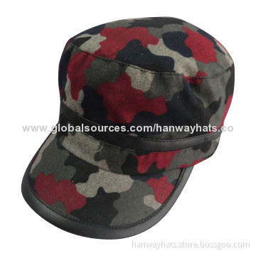 Camouflage printed wool blend military cap with PU binding